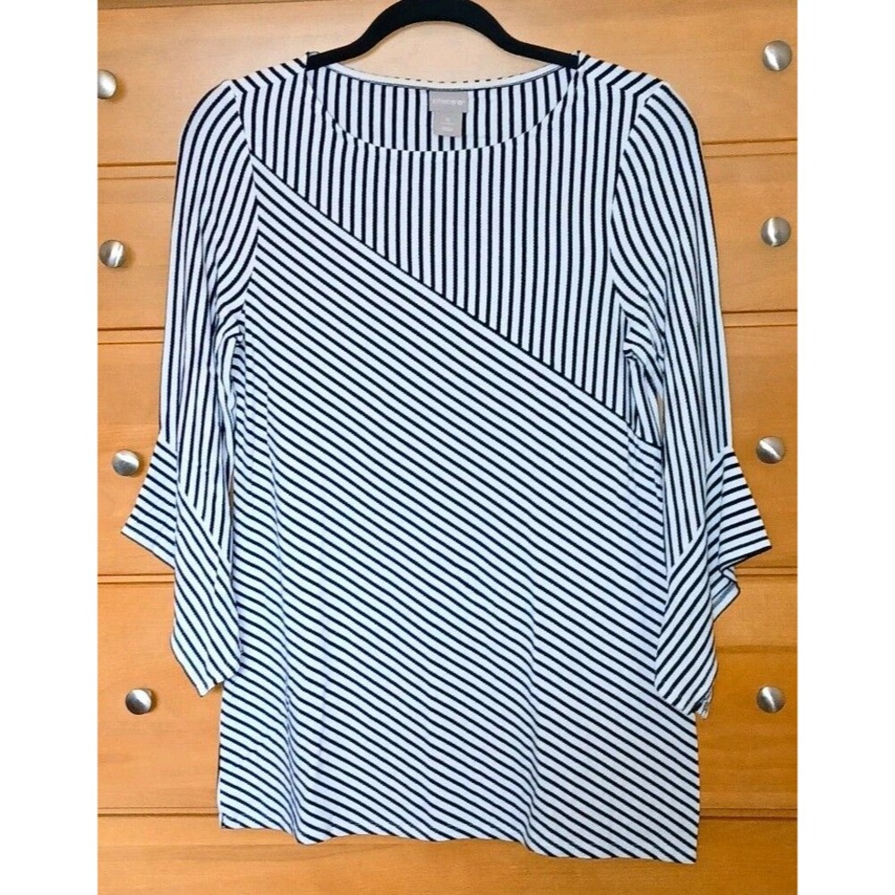 Chicos Womens 0/S Striped Round Neck 3/4 Slv Ruffle Knit Blouse Black White Top